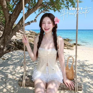 🧸 SweetHouse #723 🌻 เสื้อสายเดี่ยวผูกบ่าผ้าฉลุลายดอกไม้แต่งด้วยกระดุมมุกน่ารักมากก + กางเกงลูกไม้ระบาย 4 ชั้น