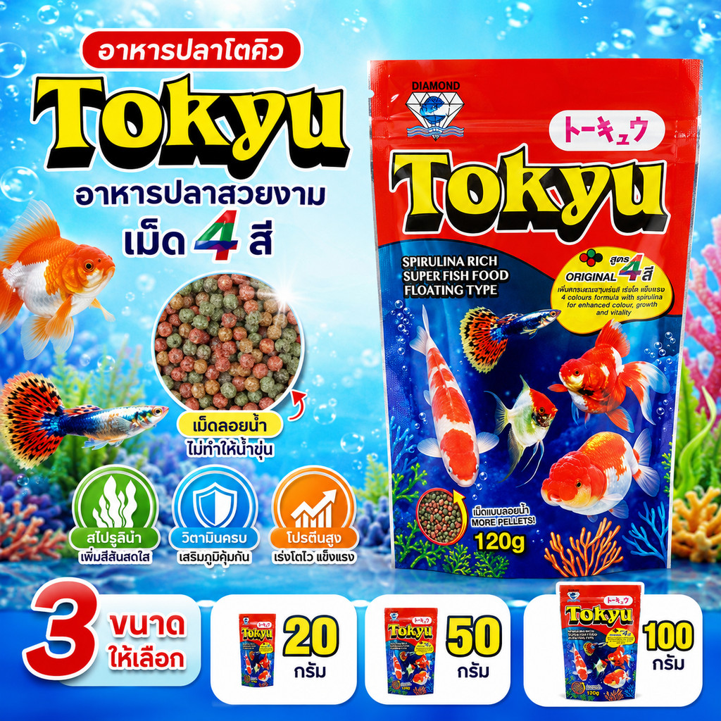 อาหารปลาโตคิว Tokyu เม็ด4สี  20,50,100กรัม เร่งสี เร่งโต เร่งวุ่น