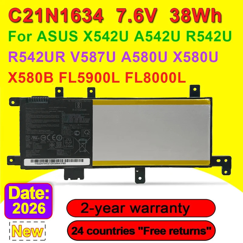 C21N1634 แบตเตอรี่แล็ปท็อปสําหรับ ASUS X542U A542U R542U R542UR V587U A580U X580U X580B FL5900L FL80