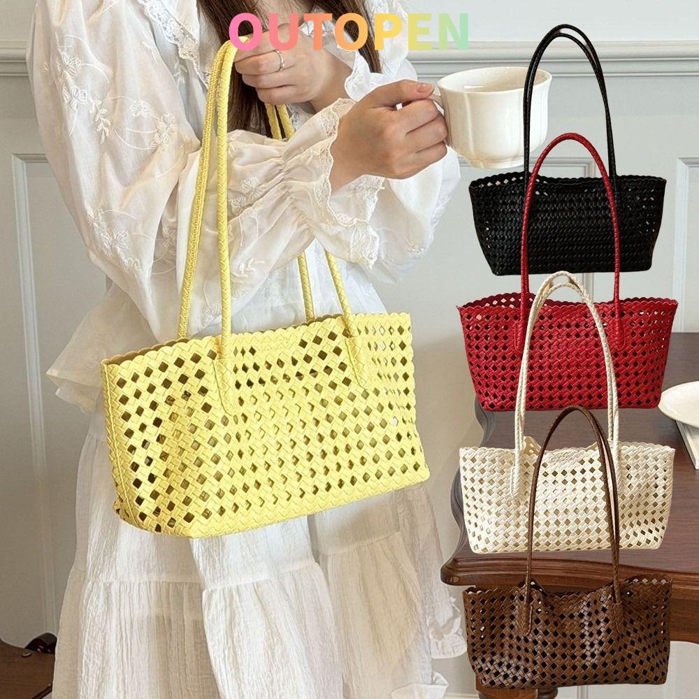 OUTOPEN Hollow Out กระเป๋าสะพายทอหนัง PU Hollow Out ความจุขนาดใหญ่ 25x17x12 ซม.พร้อมกระเป๋าด้านในกระเป๋าช้อปปิ้งเดินทางทุกวัน