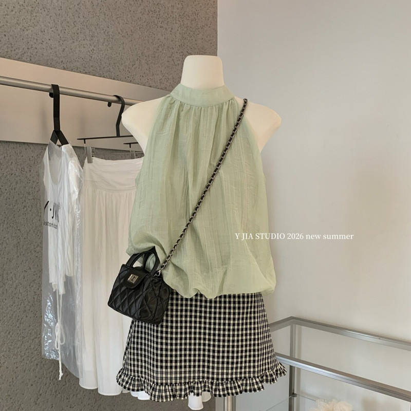 Y.JIA Iga ฤดูร้อน Retro Halter คอโบว์ Laced-Up เสื้อขนาดเล็ก + Fungus ขอบตรวจสอบชุดกระโปรง 1610