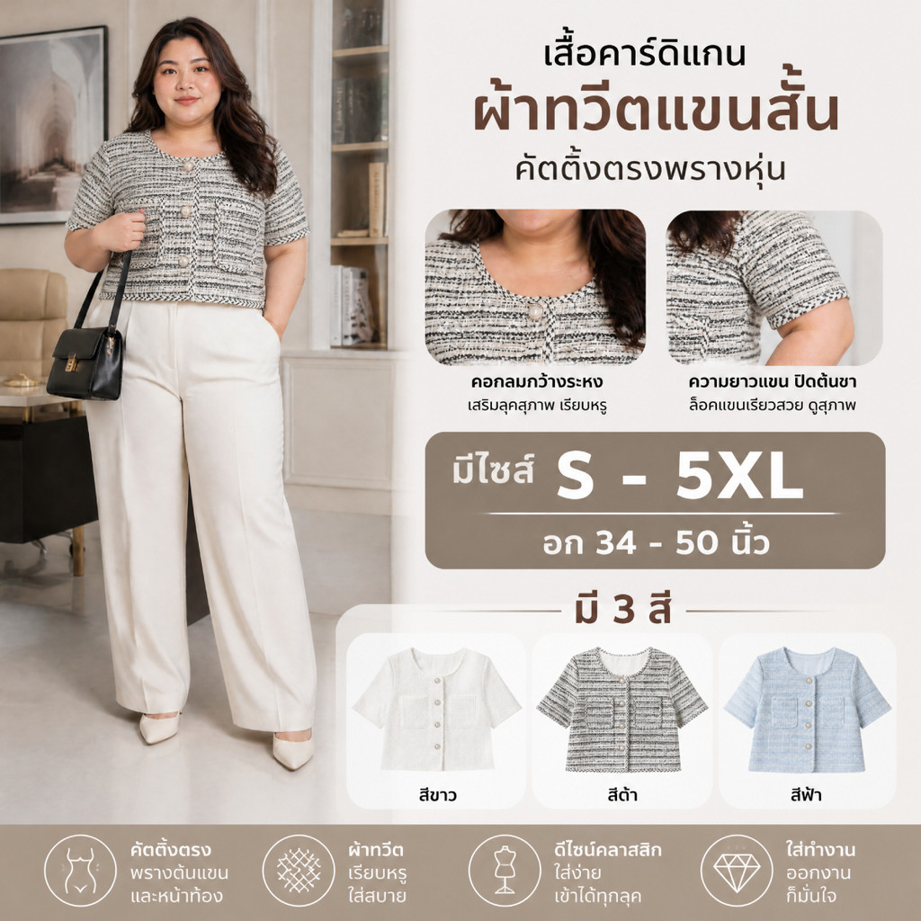 เสื้อครอปทวีดสาวอวบ มีไซส์ S-5XL ดีเทลกระดุมมุก ผ้าทอผสมกลิตเตอร์วิ้งๆ หุ่นเพรียวสับ