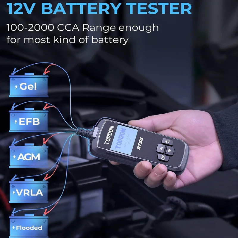 TOPDON BT50 เครื่องทดสอบแบตเตอรี่ดิจิตอลแบบพกพารถแบตเตอรี่รถ Cranking ชาร์จ Circut Tester เครื่องวิเ