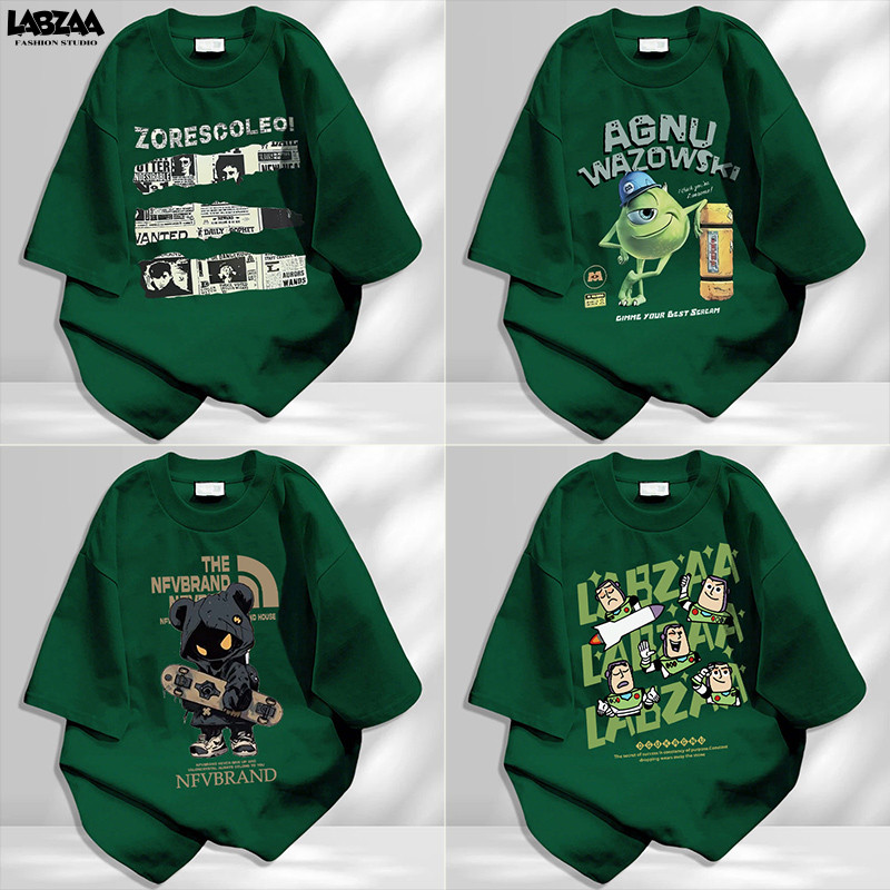 【จัดส่งจากกรุงเทพฯ】LABZAA เสื้อยืดแขนสั้นคอกลม ระบายอากาศ Oversized ผ้าหนายับยากรีดง่าย ลายพิมพ์การ์ตูน เขียว ผ้าฝ้าย YG0