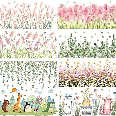 wuxiangH60 สติ๊กเกอร์ติดผนังแบบถอดได้ รั้วดอกไม้สีชมพูพระ