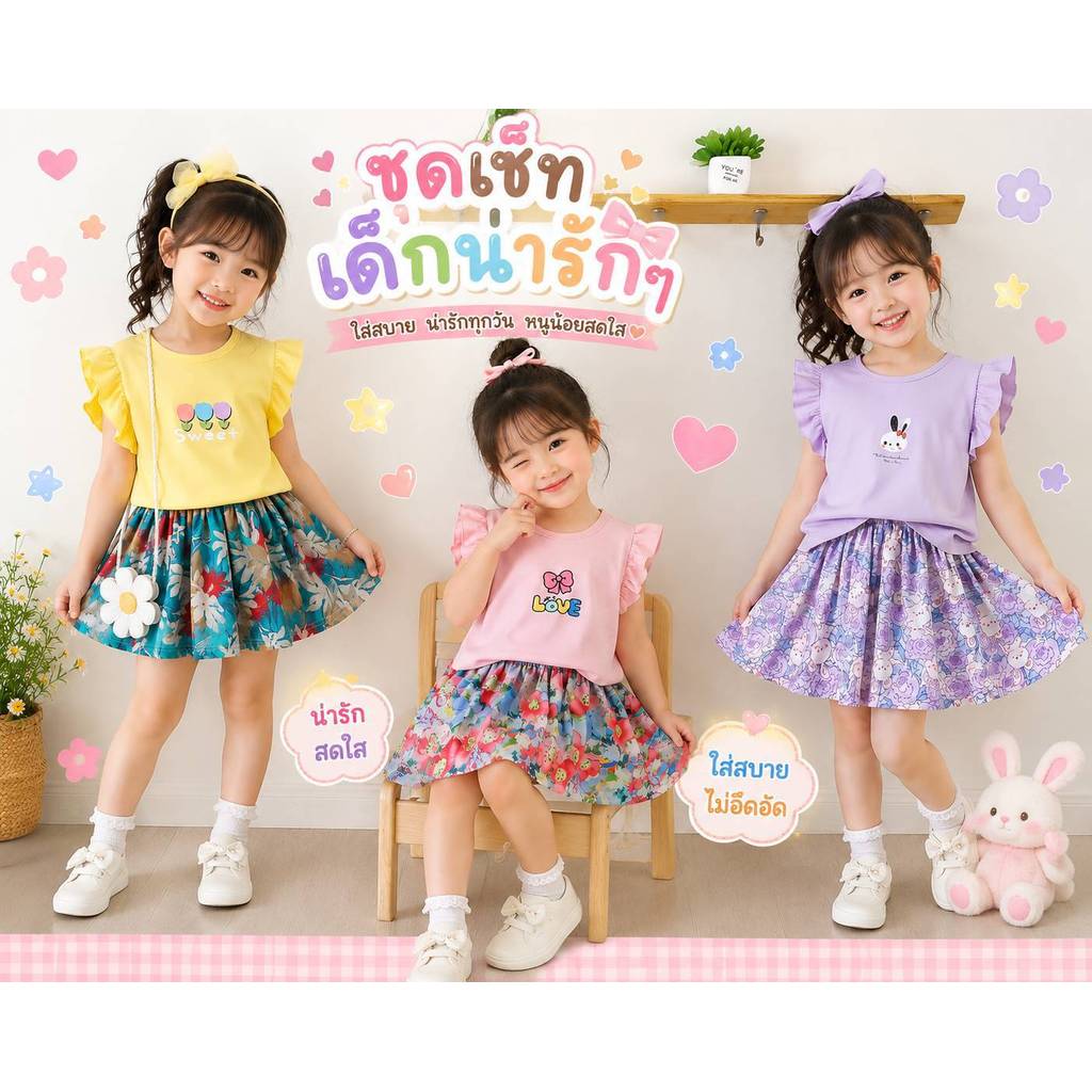 ชุดเซ็ทเสื้อแขนสั้น กางเกงขาสั้น น้องหนูน่ารัก สดใสสุดๆ งานฟรุ้งฟริ้ง ผ้านุ่ม ใส่สบาย งานดีคุ้มค่า น่ารักมาก