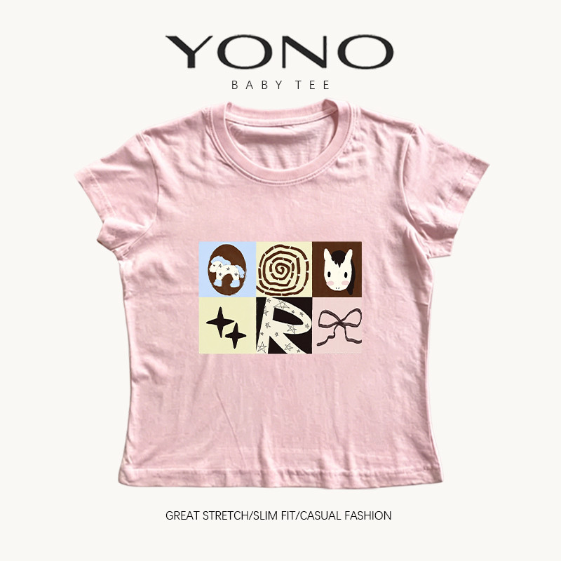 (พร้อมส่ง24ชม.) baby tee สีชมพู ลายช่องการ์ตูนกระต่ายดาวโบว์ ฟีล y2k วินเทจน่ารัก ทรงเข้ารูป ใส่ชิค