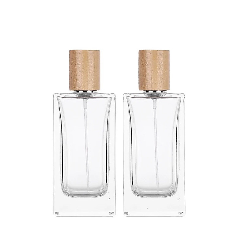 ขวดน้ำหอมฝาไม้ สีเหลี่ยม ทรงสูง โลวเอ้ ขนาด 50ml.แบบcrimp คอขวดขนาด 15mm
