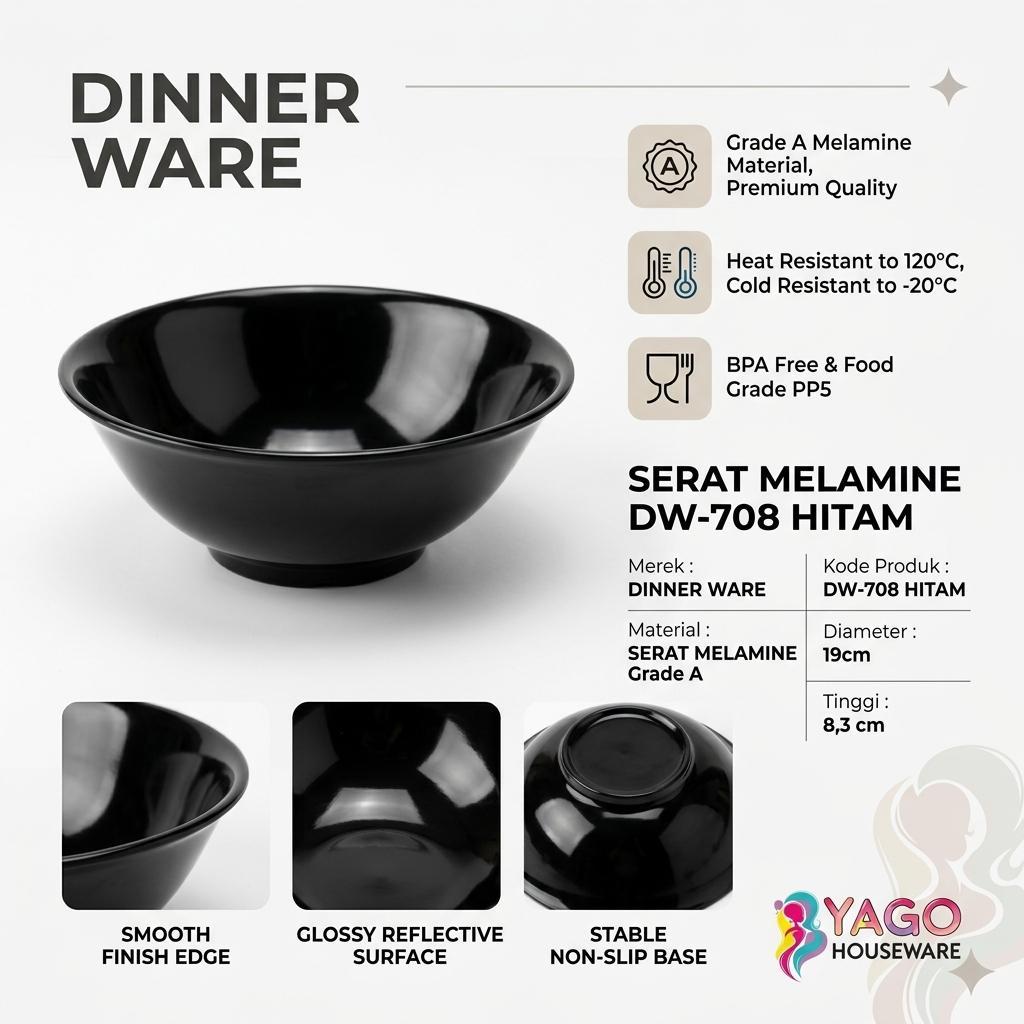 Yago Houseware ชามอาหารค่ําเมลามีนสีดํา DW 608 Dinner Ware 19 ซม.Elegant & ใช้งานได้จริงสําหรับจานต่