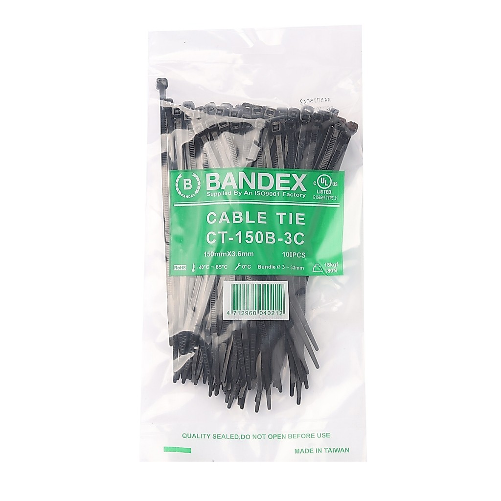 เคเบิ้ลไท Bandex CT-150-3C 3.6x150mm (6นิ้ว) สีดำ/ขาว/ฟ้า/แดง 100 เส้น/ถุง ISO9001 ผลิตจากไนลอนคุณภาพดี cable tie สายรัด