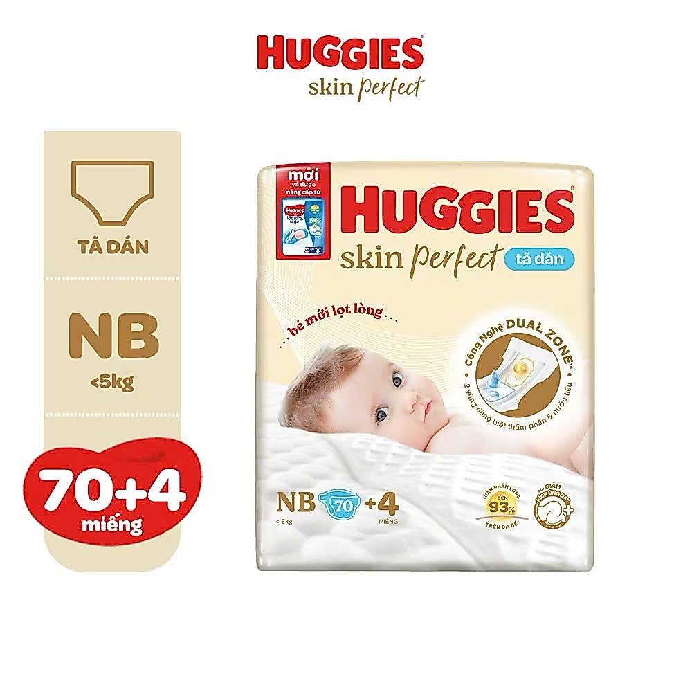 ผ้าอ้อมเด็ก/ผ้าอ้อม Huggies Skin Perfect ขนาด NB70+4 สําหรับทารกไม่เกิน 5กก.