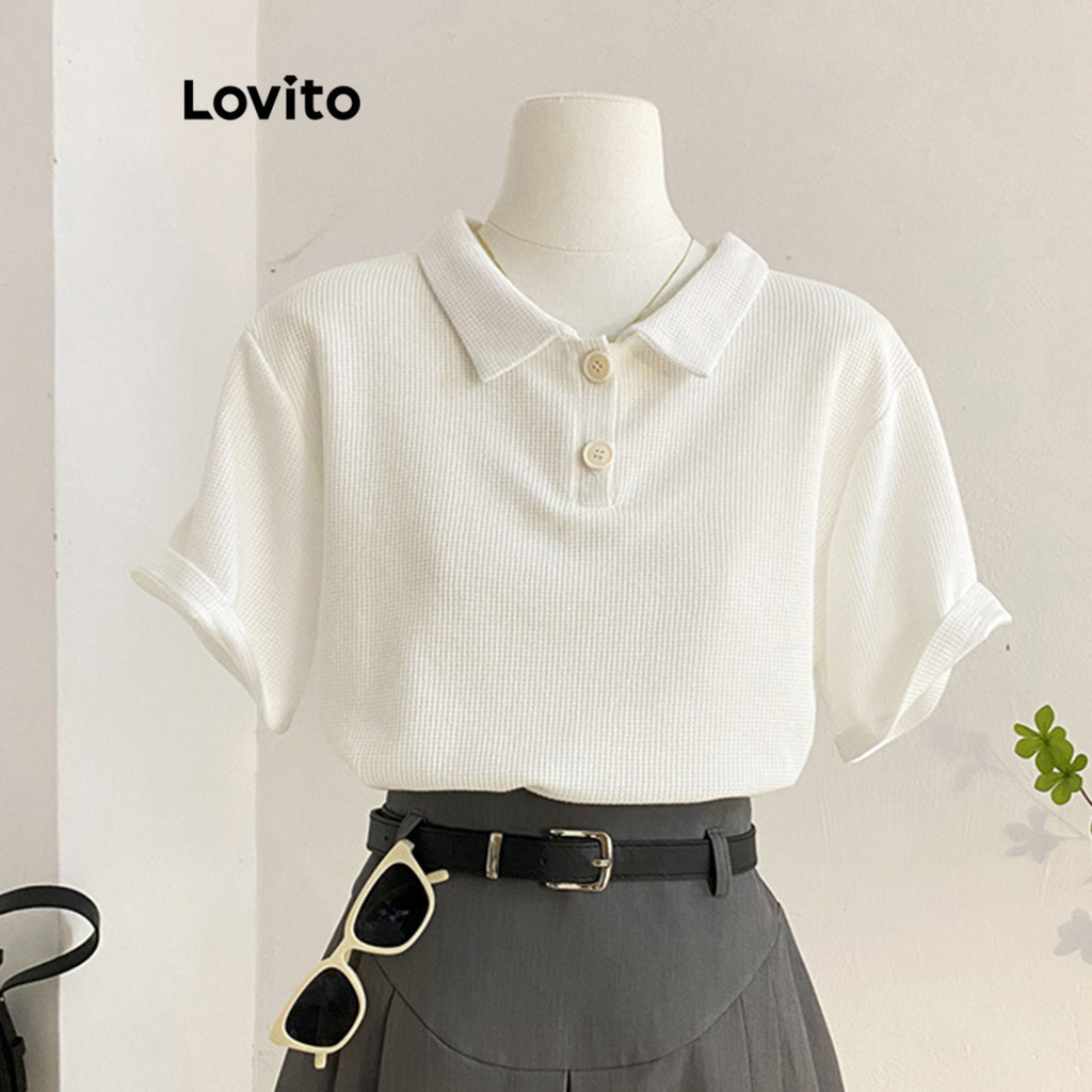 Lovito แคชชวล เสื้อยืดทรงหลวมเรียบๆ ผ้าถักลายวาฟเฟิล โปโล สำหรับผู้หญิง L68ED039 (หลากสี)