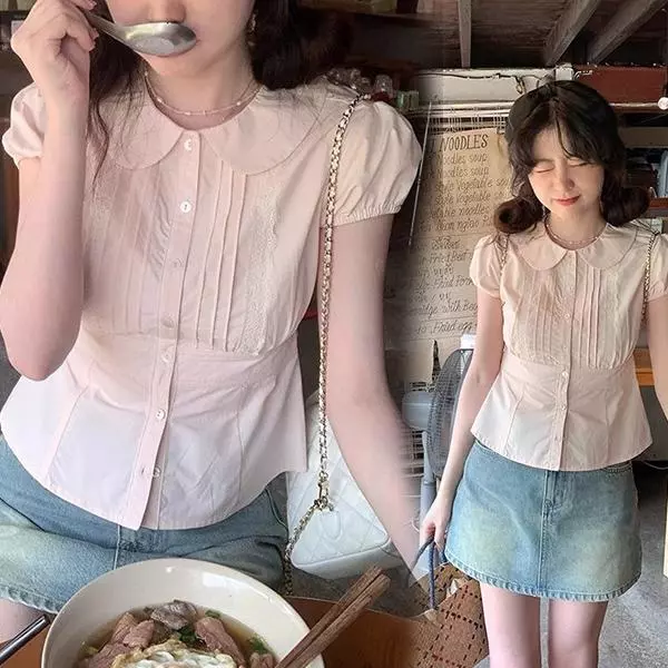 mimi&didi เสื้อเชิ้ตแขนสั้นสไตล์เกาหลี ตกแต่งด้วยลูกไม้คอปกปีเตอร์แพน เข้ารูปช่วงเอว เหมาะสำหรับฤดูร้อนของผู้หญิง#w751