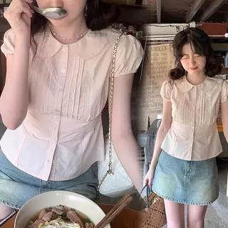 mimi&didi เสื้อเชิ้ตแขนสั้นสไตล์เกาหลี ตกแต่งด้วยลูกไม้คอปกปีเตอร์แพน เข้ารูปช่วงเอว เหมาะสำหรับฤดูร้อนของผู้หญิง#w751