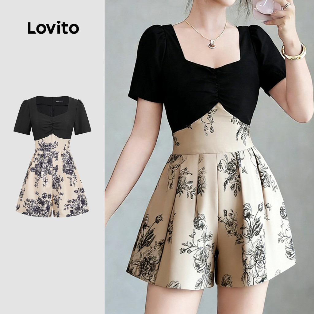 Lovito จั๊มสูทผู้หญิงสีเทา สไตล์ลําลอง ทรงไม่สมมาตรระบายพลิ้วไหว เหมาะสําหรับใส่ในฤดูใบไม้ผลิและฤดูร้อน L189ED207