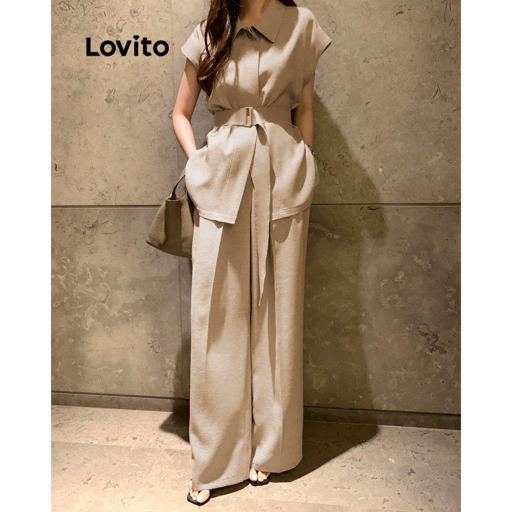 Lovito ชุดกางเกงลำลองพร้อมเข็มขัดสำหรับผู้หญิง LNE66576