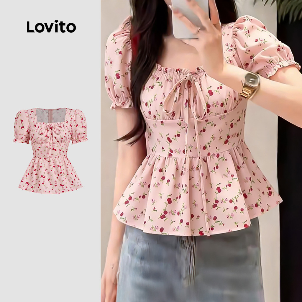 Lovito เสื้อเบลาส์ผู้หญิงสีชมพู น่ารัก ผูกโบว์ ขอบระบายหยัก ชายระบาย สไตล์สปริง/ซัมเมอร์ L183AD174