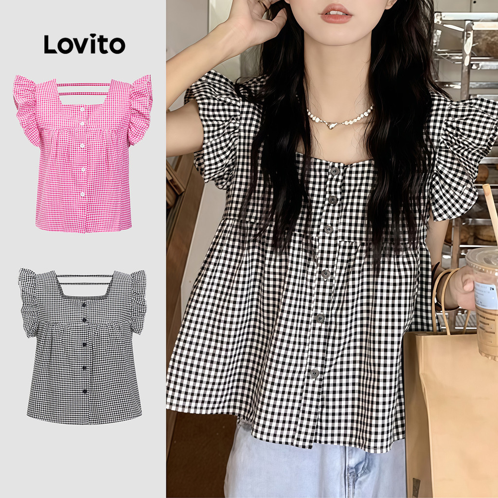 Lovito เสื้อแขนกุด แต่งระบาย ลายตารางกิงแฮม สไตล์แคชชวล สำหรับผู้หญิง LNE21203 (หลากสี)
