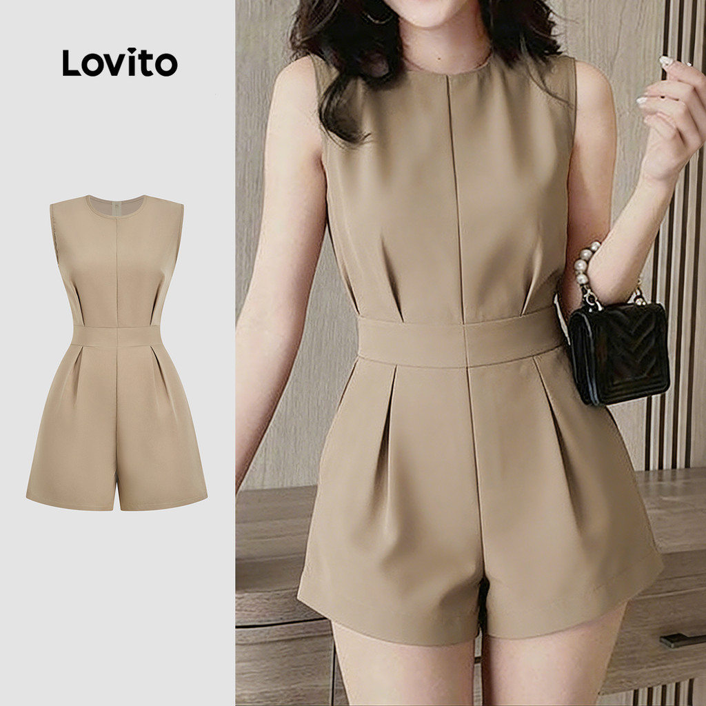 (สง่างาม) Lovito เดรสผู้หญิงหรูหราจีบโครงสร้างไลน์เดินทางฤดูใบไม้ผลิ/ฤดูร้อนสีคากิ L178ED2156