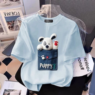 Y-T🔥พร้อมส่ง เสื้อยืด oversize ผ้าฟอกวินเทจ ผ้าฝ้ายแท้ใส่สบาย ไม่แตกเมื่อซัก ลาย "Pocket puppy"