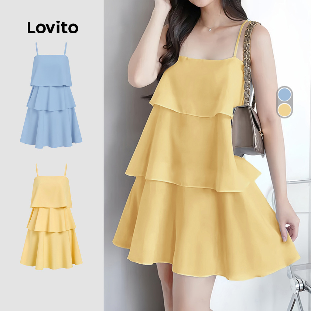Lovito แคชชวล เดรสลําลองสีเหลืองสําหรับฤดูใบไม้ผลิ/ฤดูร้อน มีสายสะพายไหล่ปรับได้ และซิปหลายชั้น L177ED041