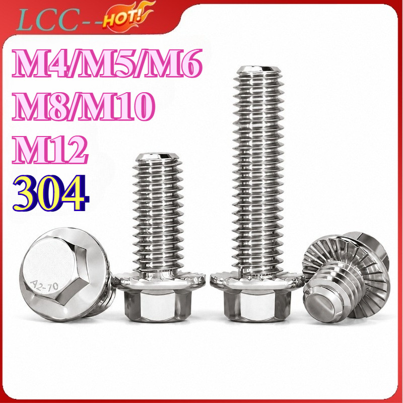 สกรู หัว 6 เหลี่ยมติดแหวน ใต้คอฟัน โบลท์ สแตนเลส 304 เกลียวมิล หยาบ / Flange Bolt M4/M5/M6/M8/M10/M1