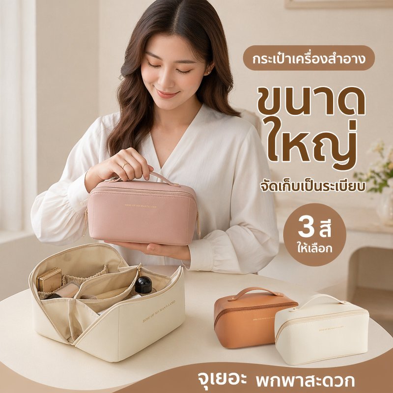 กระเป๋าเครื่องสําอาง หนัง PU ใบใหญ่ กระเป๋าใส่เครื่องสําอาง กันน้ํา พกพา จัดระเบียบ อุปกรณ์อาบน้ํา
