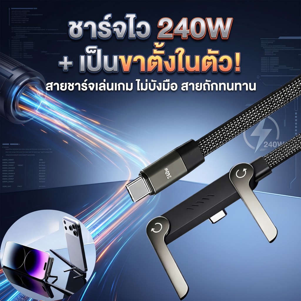 สายชาร์จไทป์ซี 240W Type C To C ชาร์จเร็วพิเศษ สายถักหัวงอ 90 องศา ขาตั้งมือถือพับได้ อเนกประสงค์ ส่งไวจากไทย