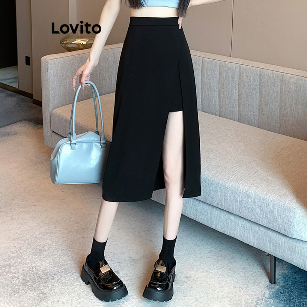 Lovito กระโปรง ไม่สมมาตร ลำลอง สำหรับผู้หญิง LNE20094 (สีดำ)
