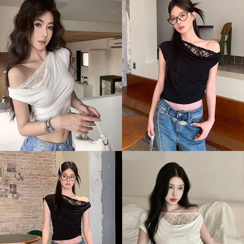 เสื้อเชิ้ตแขนสั้นเปิดไหล่ผู้หญิง เสื้อปาดไหล่ ผ้าเรยอนพร้อม ซีทรูด้านในเพิ่มความแซ่บสไตล์สาวเกาหลี