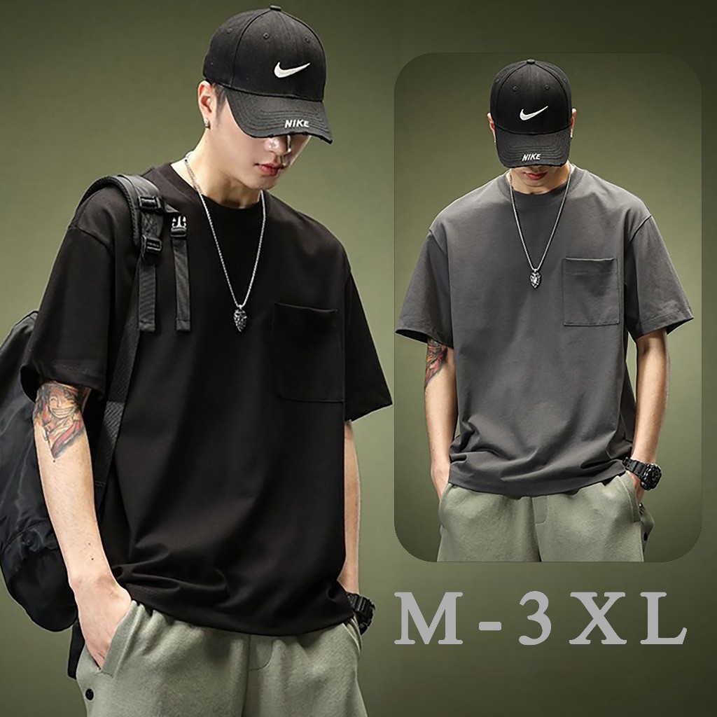 Proman-American High Street กระเป๋า เรียบง่าย สีล้วน แขนสั้นผู้ชาย ผ้านุ่ม M-3XL
