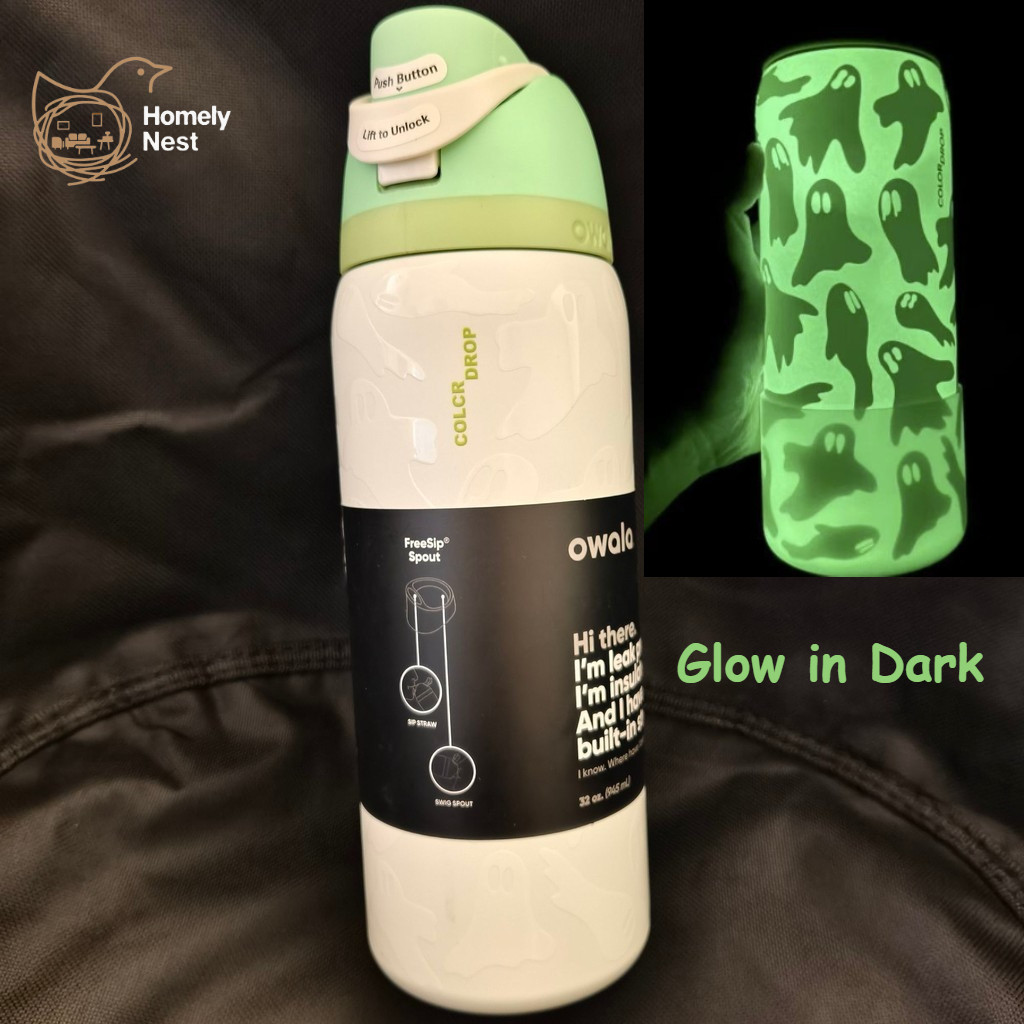 Owala FreeSip Tumbler 32oz 945ml ฮาโลวีน Ghost Glow in Dark ถ้วยสแตนเลส Leakproof Straw, Kawaii Spooky สไตล์, Limited Edition