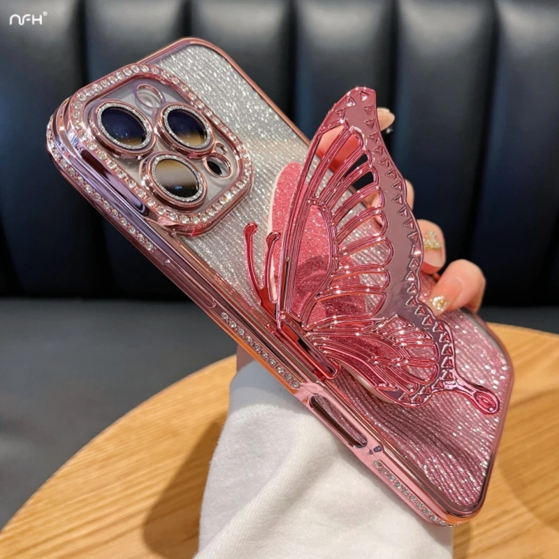 สําหรับiPhone 17 Pro Maxหรูหราแฟลชผีเสื้อผู้ถือชุบกรอบเพชรเคสโทรศัพท์สําหรับiPhone 12 13 14 15Plus 16Pro 11 ฝาครอบRhinestone