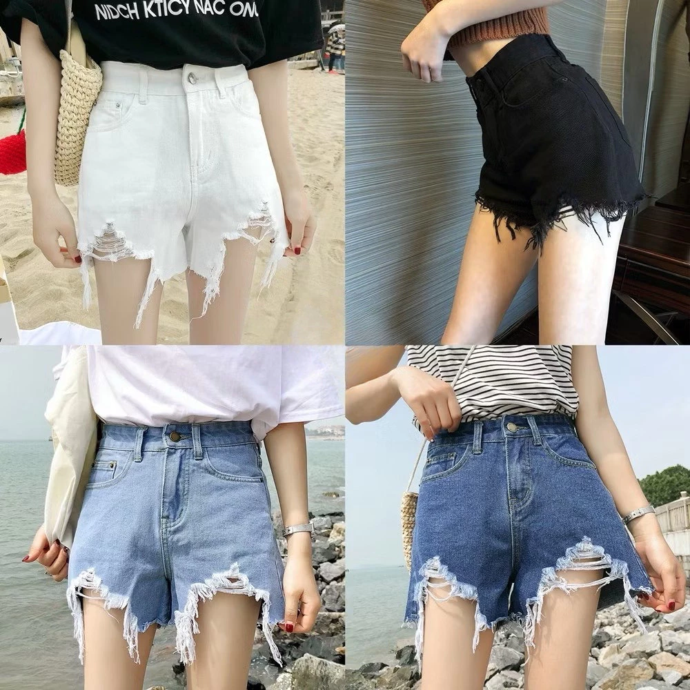 🌿SHOP_MKL🌿กางเกงยีนส์ขาสั้น เอวสูง ผ้าไม่ยืดปลายขาดเก๋ๆ แฟชั่น สไตล์เกาหลี S-3XL#2035