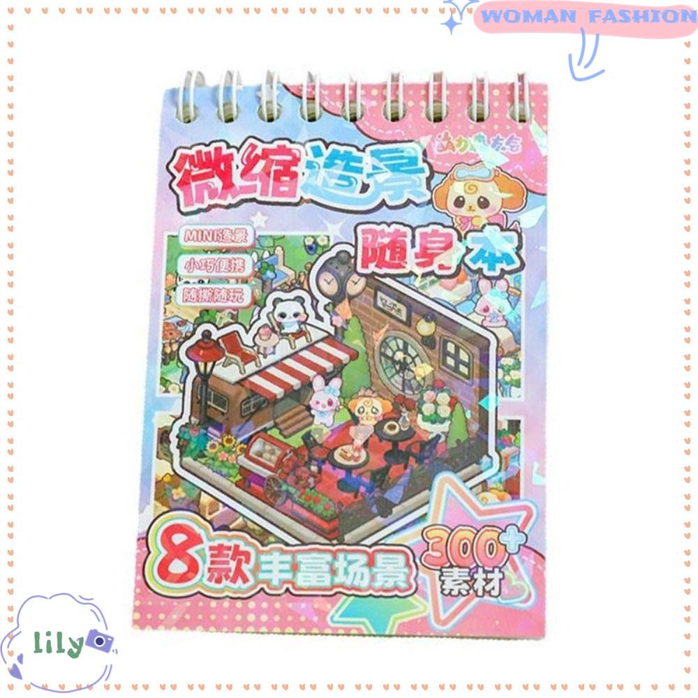 LILY Mini Landscape Sticker Book, PET DIY Cabin Scene Pocket Sticker, การ์ตูน Miniature House Cabin 