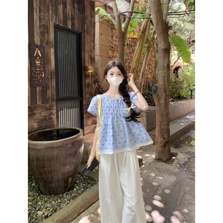 mimi&didi#เสื้อเชิ้ตแขนสั้นพิมพ์ลายหัวใจสไตล์หวานสำหรับผู้หญิง ในช่วงฤดูร้อนหลวมไซส์ใหญ่ด้านบนเย็บลูกไม้ น่ารักๆ#W646