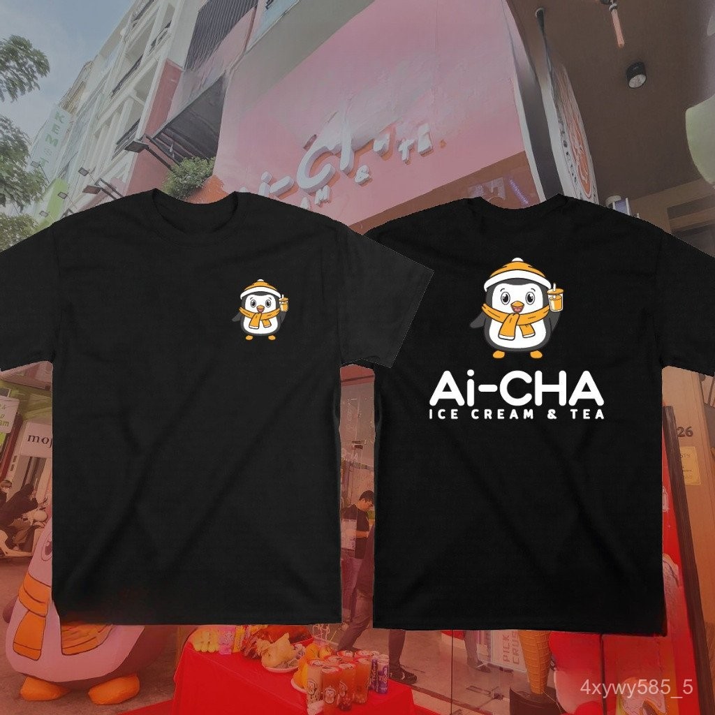 ชุดยูนิฟอร์มไอศกรีมและชา Ai-CHA เสื้อยืดผู้ใหญ่แบบยูนิเซ็กซ์ พิมพ์ลายนกเพนกวินน่ารัก