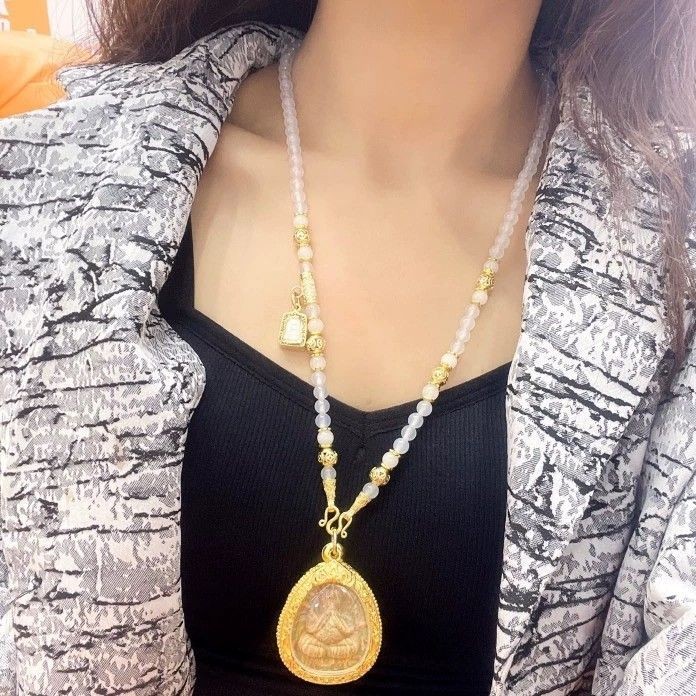 Pure Natural White Agate Crystal Amulet Chain M Buckle Thailand Amulet Necklace Bead Chain Original 