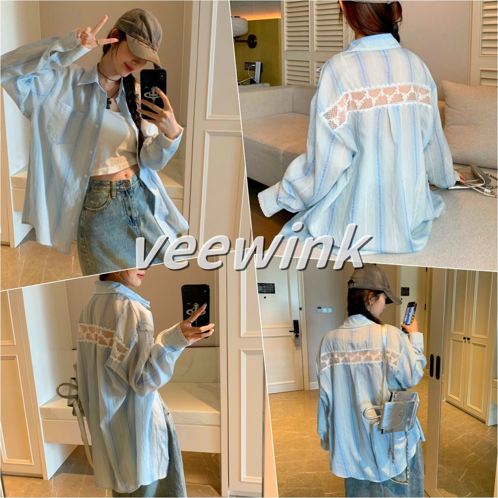 Veewink พร้อมส่งจากกทม เสื้อเชิ้ตผู้หญิง style Korean ลายทาง แฟชั่น แขนยาว ใส่สบาย โปร่งสบาย หลวมสบาย