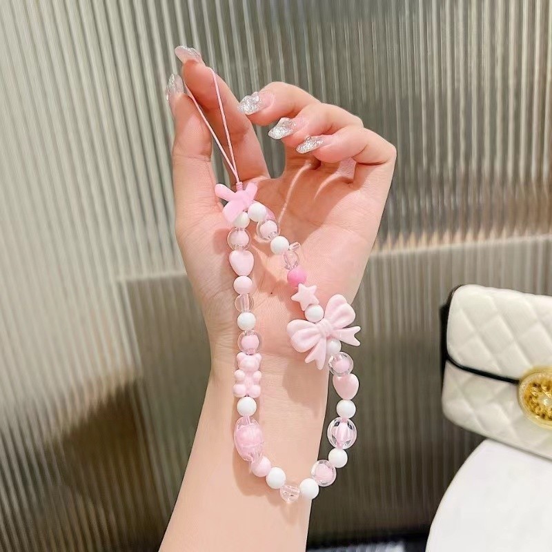 โทรศัพท์ป้องกันการสูญหายเชือกเส้นเล็กที่สำคัญข้อมือสั้นจี้ที่มีสีสันมาการองรอบลูกปัดจี้เชือกเส้นเล็กโทรศัพท์มือถือของผู