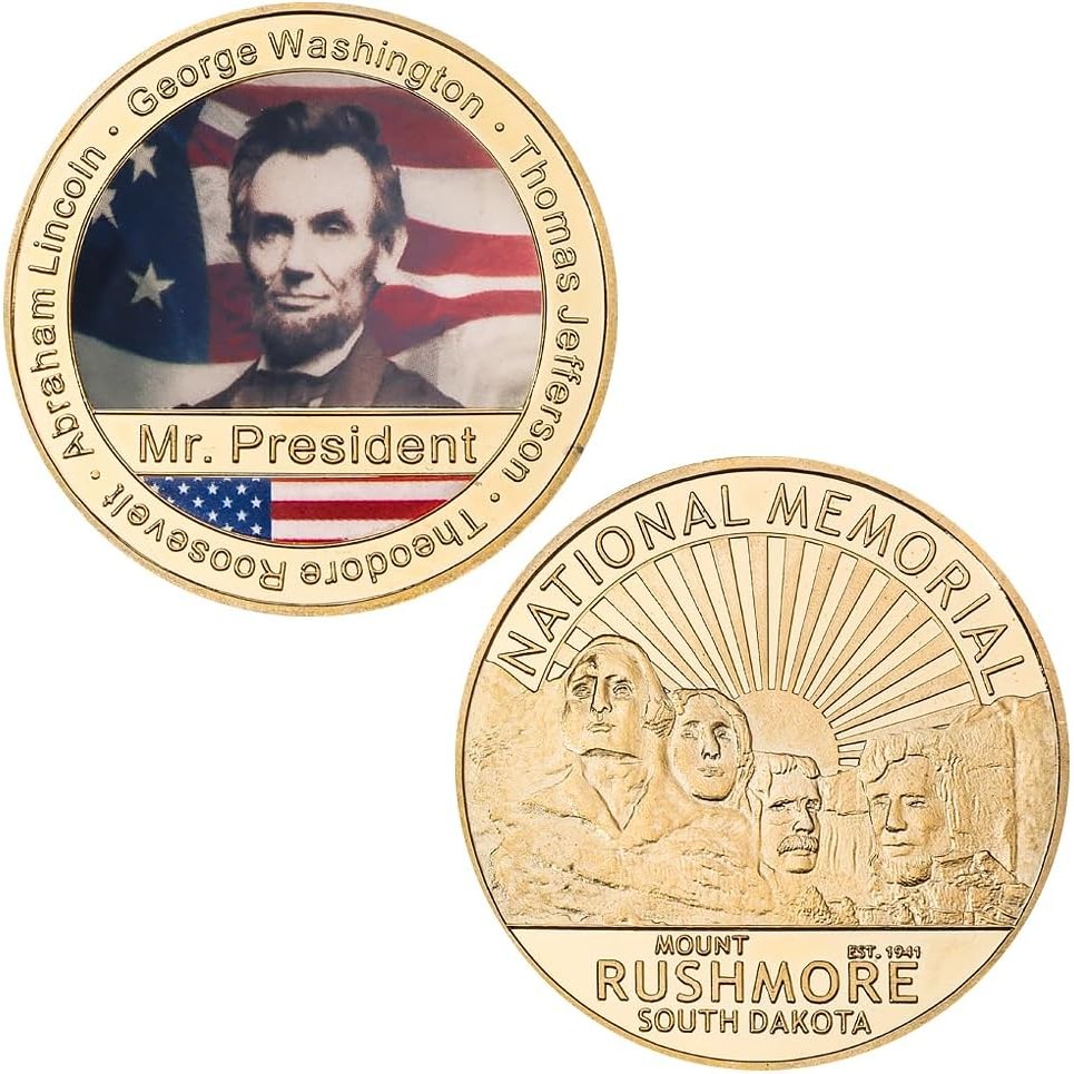 4pcs US Presidential Memorial Park ฟอยล์สีทองเหรียญที่ระลึกพร้อมกล่องของขวัญ Mount Rushmore Challeng