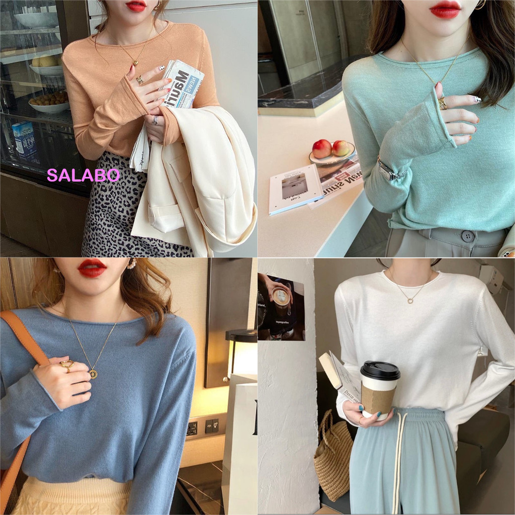 Salabo เสื้อแขนยาว คอกลม ผ้าถัก ทรงหลวม เสื้อสีพื้น มีหลายสี เสื้อยืดแขนยาวสไตล์เกาหลี #M24