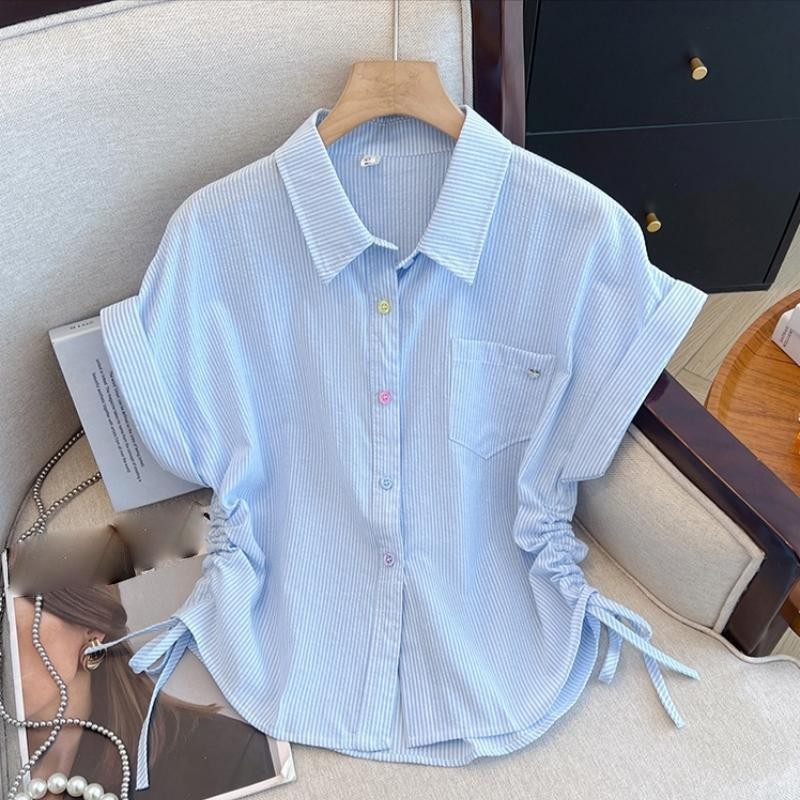 Chili#เสื้อเชิ้ตแขนสั้นลายทางสำหรับผู้หญิง ฤดูร้อน ลำลอง หลวม อเนกประสงค์ ย้อนยุค เสื้อผ้าผู้หญิงที่ทันสมัย#99177