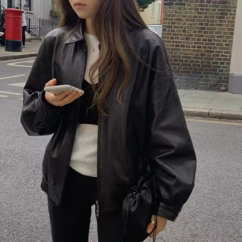 [Faithรับ] 2025 Autumn Korea Dongdaemun OU * CE Loose Retro Classy Lapel Zipper Leather Jacket