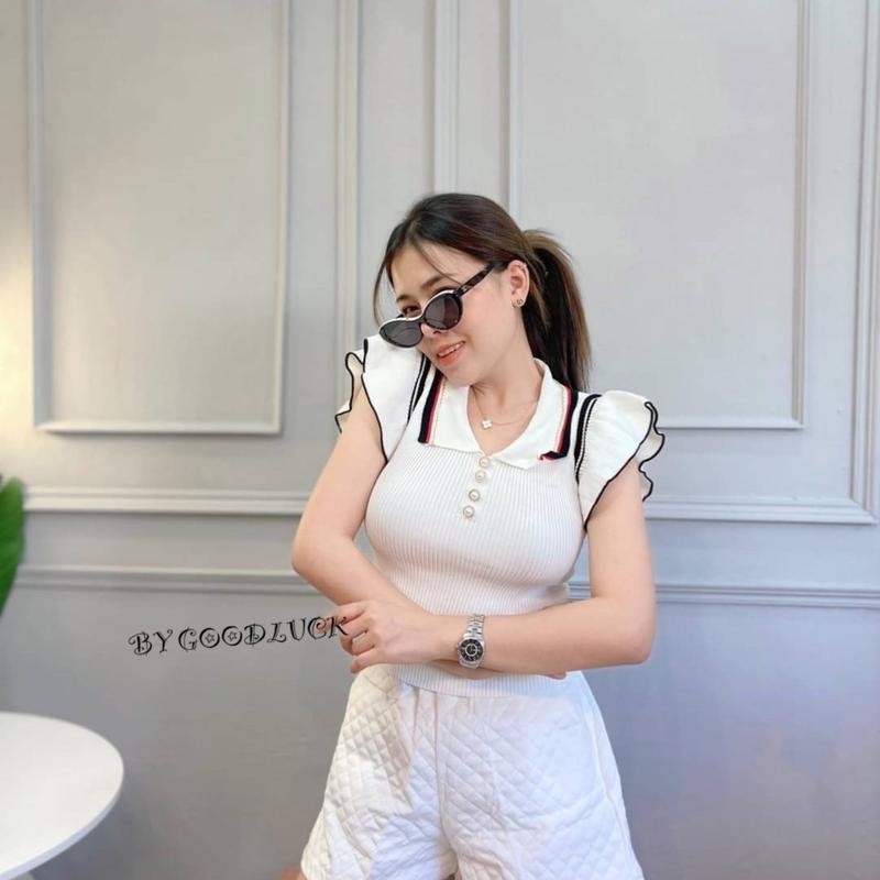 PRP x SPN เสื้อปขนกุด ผ้าไหมพรม แต่งระบายช่วงแขน คอโปโล รุ่น ใบข้าว