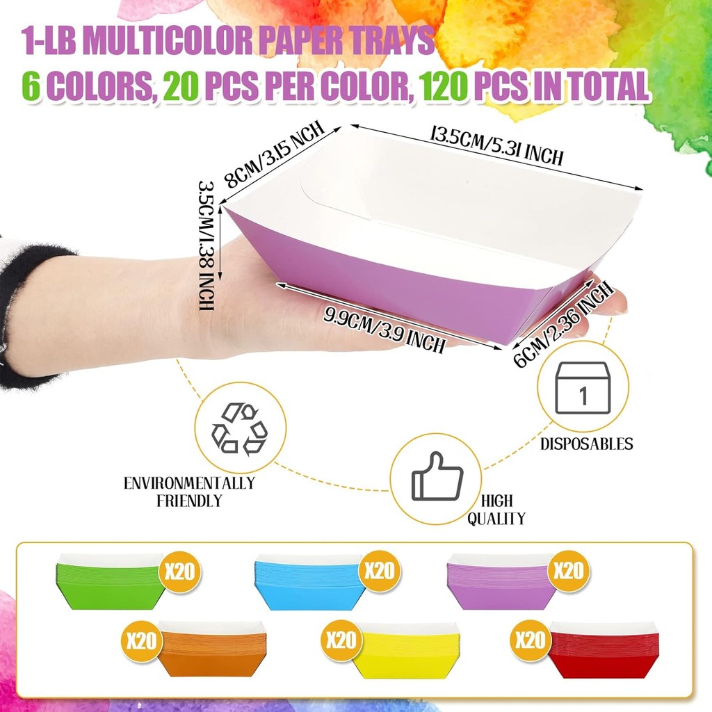 Panelee 120 ชิ้นกระดาษทิ้งถาดอาหาร Multicolor Nacho เรือสายรุ้งที่มีสีสัน Nacho ชีสตู้จาระบีหลักฐานท