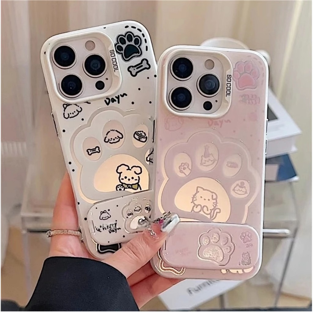 เคสไอโฟน13 คู่รักอุ้งเท้าแมว ขายึดกระจกพับ For iPhone 11 12 13 14 15 16 Pro MAX 14 15 16 8 Plus X XR XS MAX 7Plus SE2020