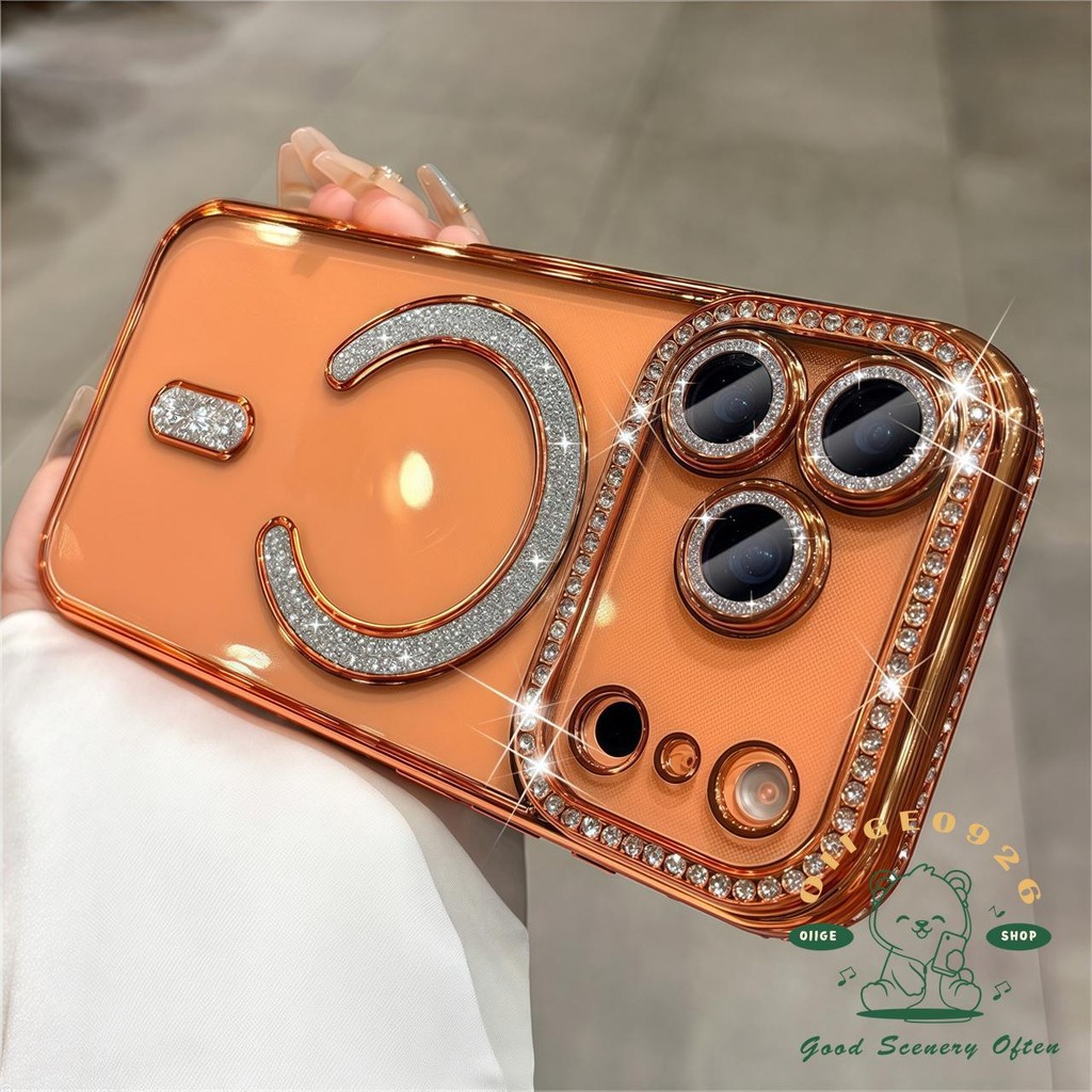 เคส iPhone17 ชุบเพชรสีส้มเคสโทรศัพท์แม่เหล็ก iphone17 Pro Max 16 15 14 13 12 11 เคสสําหรับ iPhone เคสซิลิโคนนิ่ม TPU กันกระแทก