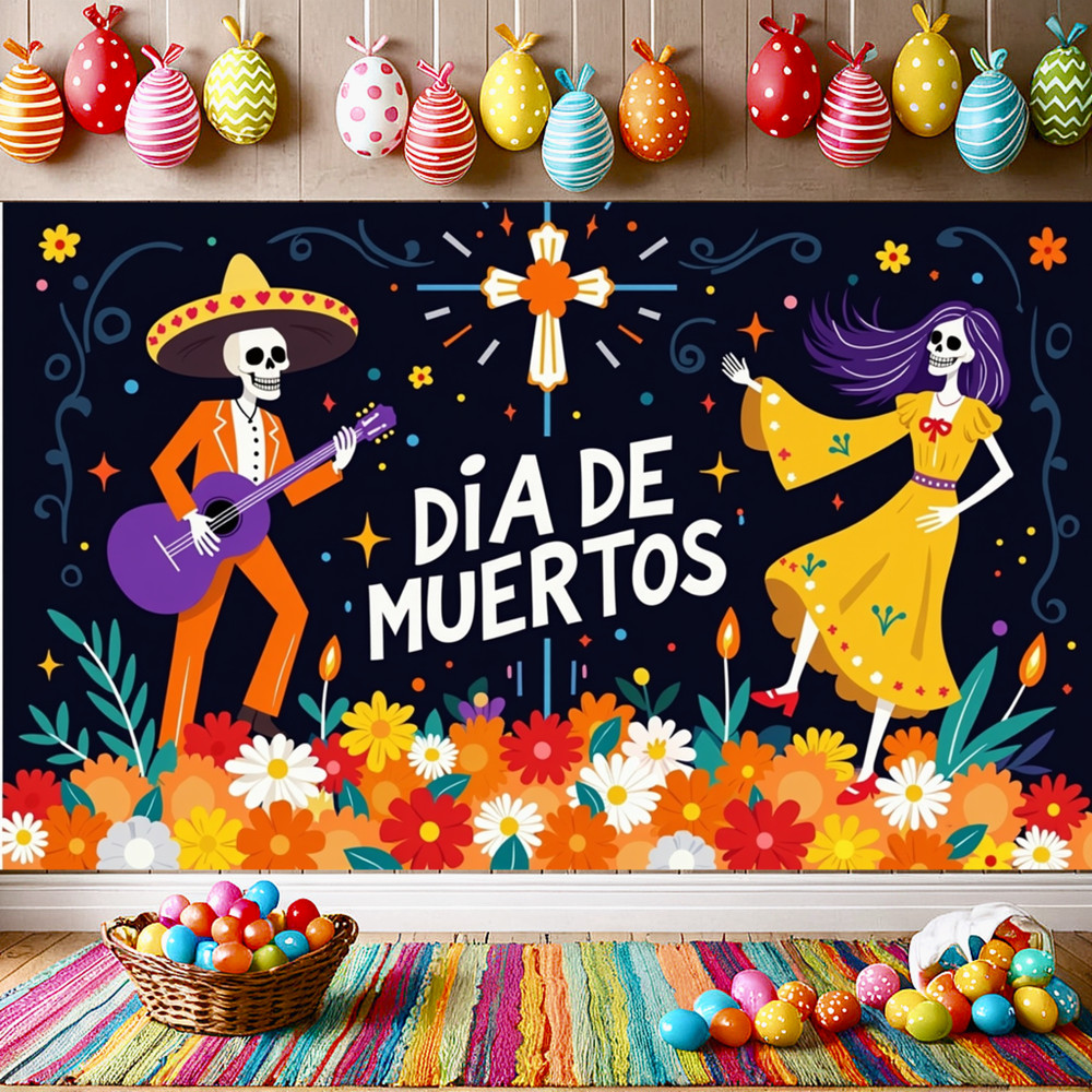 Day of The Dead ฉากหลัง,70.8 x 43.3 นิ้วเม็กซิกัน Dia DE Los Muertos Party Banner, Fiesta Sugar Skull Day of The Dead Banner Party ตกแต่งอุปกรณ์ - รูปที่ 2