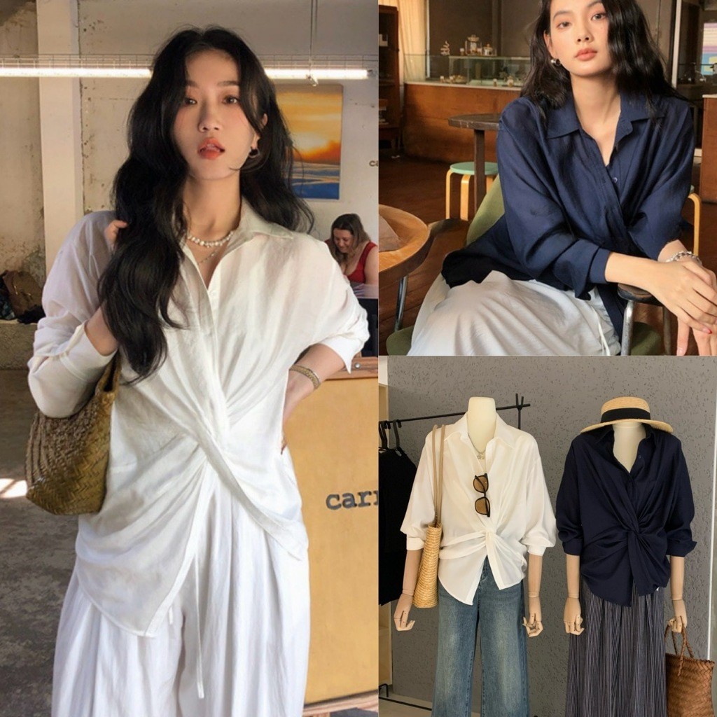 🧡🧵 🇰🇷 W6686 เสื้อเชิ้ต แต่งผ้าม้วนตรงกลางเสื้อ ทรงสวย ดูดี งานเก๋มากๆค่า แฟชั่นเกาหลี TAG WG.WE 🧵🧡